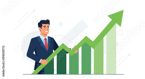 Businessman celebrating rising stock market graph, financial growth and success