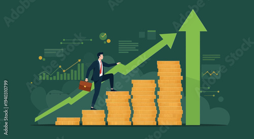 Businessman climbing stairs made of coins towards growth arrow, symbolizing financial success and investment.