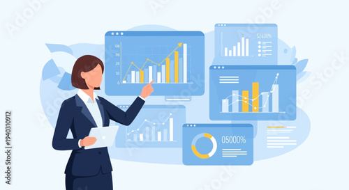 Businesswoman analyzing financial charts and data on multiple screens, data visualization concept