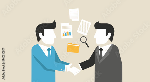 Businessmen shaking hands over documents, symbolizing partnership and agreement
