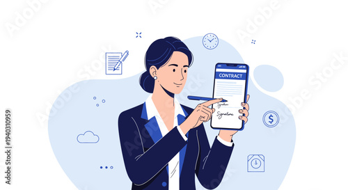 Businesswoman signing digital contract on smartphone with stylus, modern technology concept