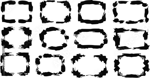 A 3x4 grid of irregularly shaped black squares on a white background with artistic brushstrokes