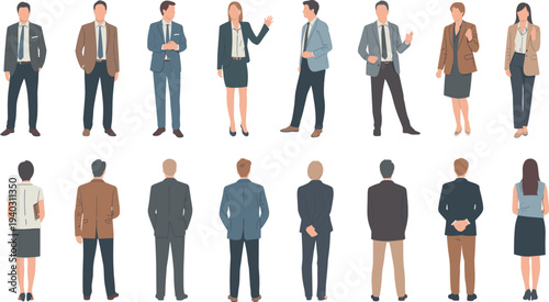 Business people characters collection, men and women office workers standing front and back views in formal suits, professional team illustration set isolated