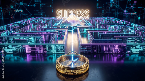Golden compass navigating through a complex futuristic digital neon maze towards a glowing success mountain concept.