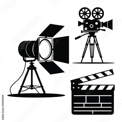 Film production equipment icons set with camera, studio light and clapperboard