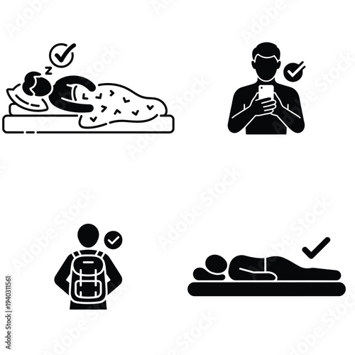 Black silhouette correct posture and healthy habits vector icons set isolated on white