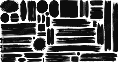Abstract brush stroke pattern with various black shapes on white background