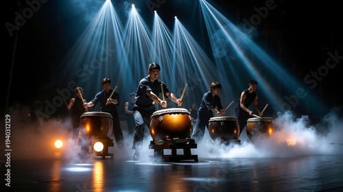 A group of people playing drums on a stage