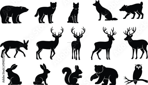Collection of wild animal silhouettes including bear wolf fox deer rabbit squirrel owl isolated black icons set for wildlife design, logo, clipart and nature illustration