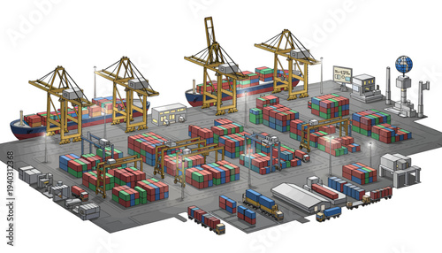 Container Terminal with Cranes and Shipping Containers.