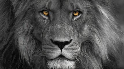 Lion, black and white photo, fierce yellow eyes, shows power to viewer.