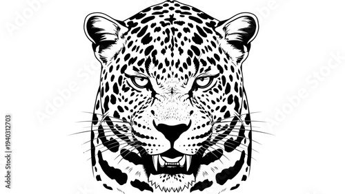 Fierce Jaguar Head Portrait, Black and White, Wild Animal, Majestic Predator