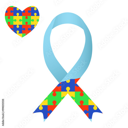 A blue ribbon with puzzle pieces, a symbol of autism awareness. Vector illustration. Illustration for the month dedicated to World Autism Awareness Day (April 2).