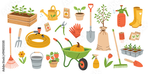 Gardening tools and plants collection. Garden equipment, watering can, wheelbarrow, seedlings, shovel, rake, boots. Spring garden elements set. Flat vector illustration isolated on white background.