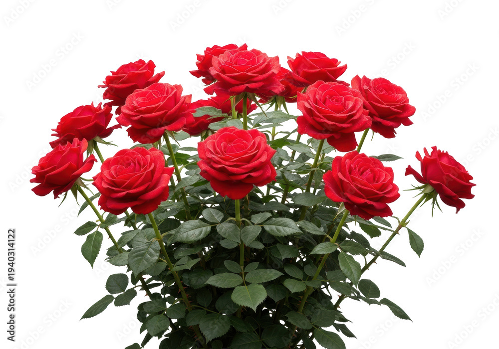 Obraz premium meticulously detailed, sharp medium close-up of a fresh red rose bush with velvety crimson petals and dew drops, isolated on transparent. concept of romance and timeless beauty