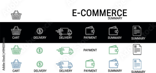 Ecommerce icon set with cart delivery truck payment wallet and document summary minimal outline vector interface collection
