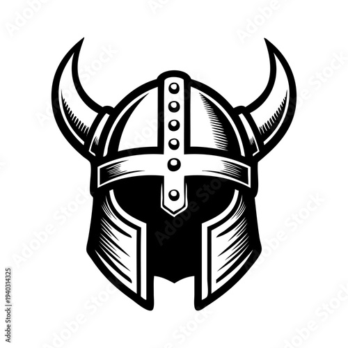 Logo casco vikingo nórdico. Icono con casco bárbaro con cuernos 