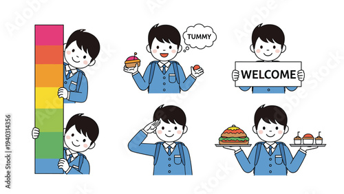 Collection of different poses of a young boy in a blue school uniform holding a welcome sign, food, and a rainbow pillar.