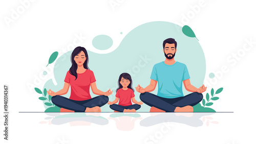 Peaceful family including a father mother and daughter sitting in lotus position and meditating against a calm green background.