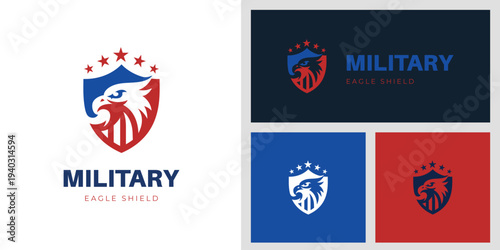 Military Eagle Logo emblem Design with Abstract Eagle Head Inside Shield and Stars Graphic Concept for Security Service, Defense Force, Esport Team, and Tactical Gear Brand
