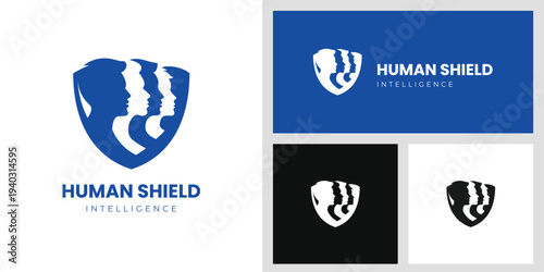 Human Shield Logo Icon Design with Abstract People Profile Face Inside Shield Graphic Concept for Intelligence Agency, Cyber Security, and Privacy Protection Brand