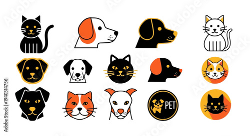 Cartoon pet animal icons dog and cat portraits set on white background