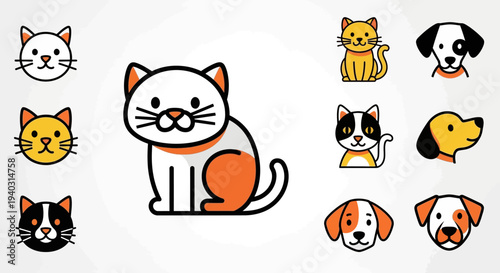 Cartoon cat and dog illustrations vector set of various animal portraits