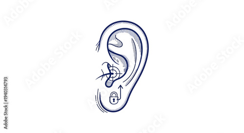 Medical illustration of human ear with target and lock symbol