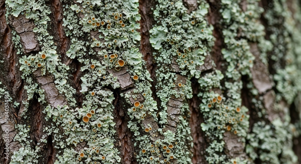 Fototapeta premium Close-up of Tree Bark Covered with Green Lichen and Textures