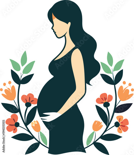Pregnant mother silhouette with floral decoration, elegant motherhood concept vector illustration, white background