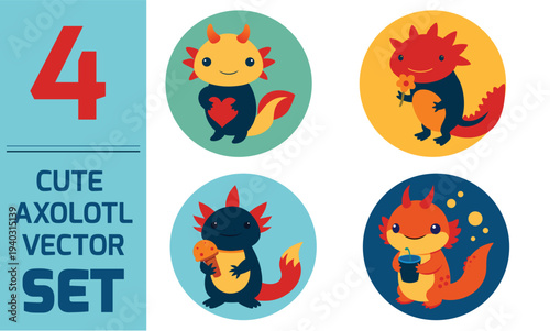 Cute Axolotl Cartoon Vector Set – Kawaii Axolotl Characters with Heart, Flower, Ice Cream and Drink