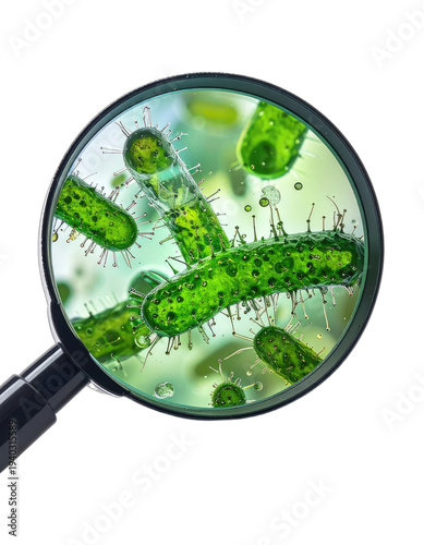 Magnified view of vibrant green rod-shaped bacteria under a microscope.