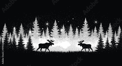 Black and white silhouette of moose in a winter forest with pine trees and stars isolated on black background for holiday design
