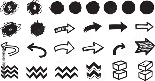 Collection of black vector icons with abstract scribbles, solid circles, diverse arrows, wavy lines, and cubes