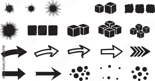 Collection of starbursts, cubes and arrows with dot patterns on transparent background