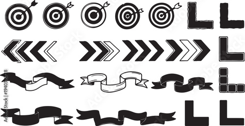 Collection of target boards vintage ribbon banners arrow indicators and corner frames in black hand drawn sketch style