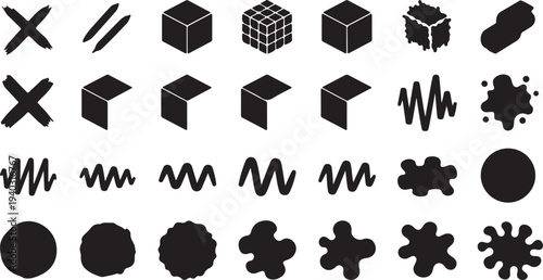 Collection of various hand-drawn cross marks, isometric cubes, wavy lines, and organic splatters on transparent background