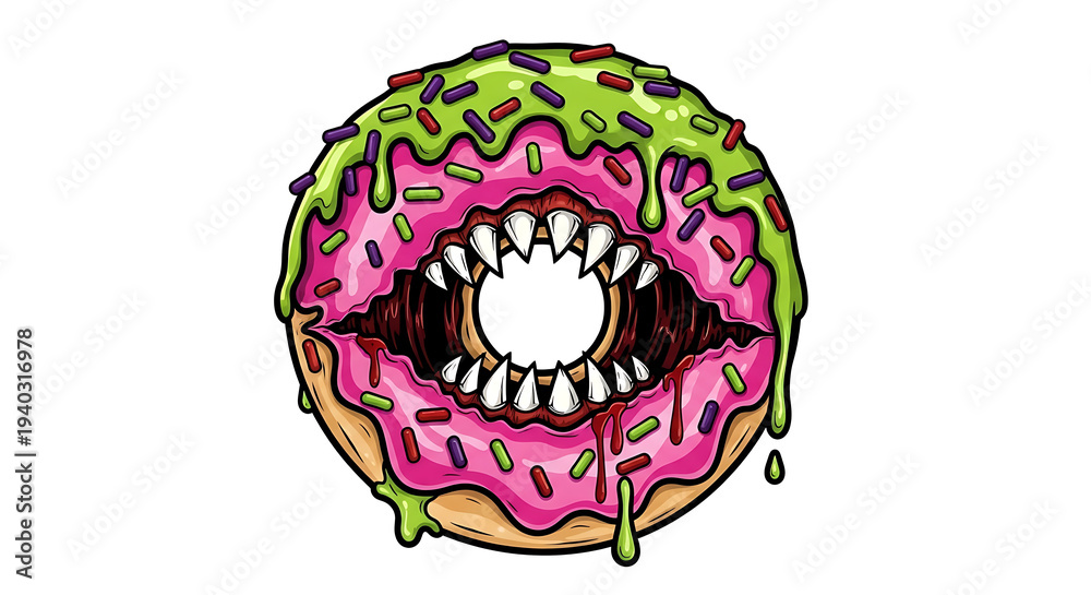 Obraz premium Cartoon Monster Donut Illustration with Sharp Teeth and Pink Frosting