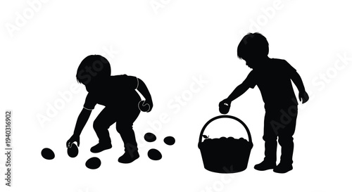 Two children gather eggs in a simple black silhouette