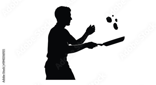 Man flipping food with a spatula dynamic cooking action silhouette