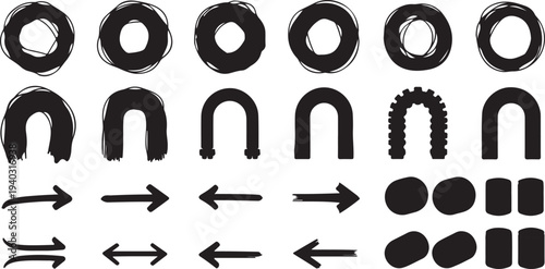 Hand drawn arrows, circles, horseshoe shapes, gear, abstract forms, brush strokes, directional symbols