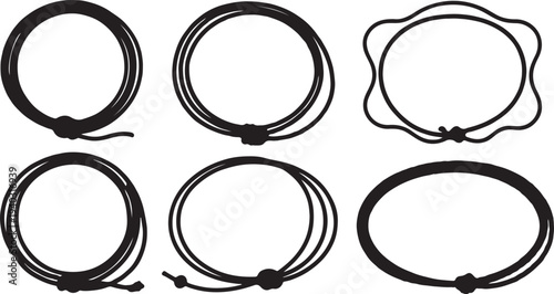 Lasso rope circle frames set with tied knots for cowboy western theme or nautical loop design elements vector collection