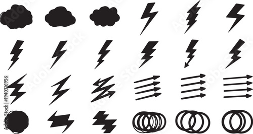 Lightning bolt collection, hand drawn thunder symbols, clouds, arrows, and circles, diverse doodle elements