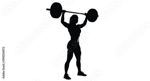 Female weightlifter powerfully lifting a barbell overhead silhouette