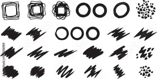 Messy scribbled squares and circle frames with hand drawn charcoal texture brush strokes and splatter dots on checkers