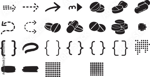 Medical pills and capsules collection with dashed arrows and halftone patterns for pharmaceutical design and infographics