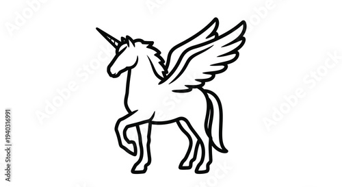 A graceful winged unicorn stands in a striking black outline silhouette