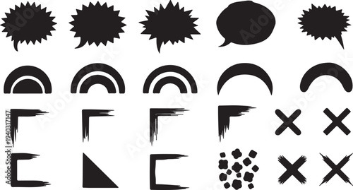 Set of creative speech bubble shapes and brush stroke elements on transparent background vector