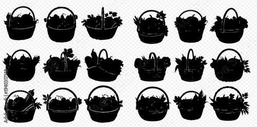 Set of silhouettes of various baskets filled with fruits, vegetables, and flowers, perfect for harvest, gardening, or picnic themes.