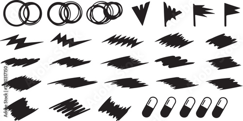 Set of diverse vector icons including interlocking rings, lightning bolts, abstract brush strokes, and pills